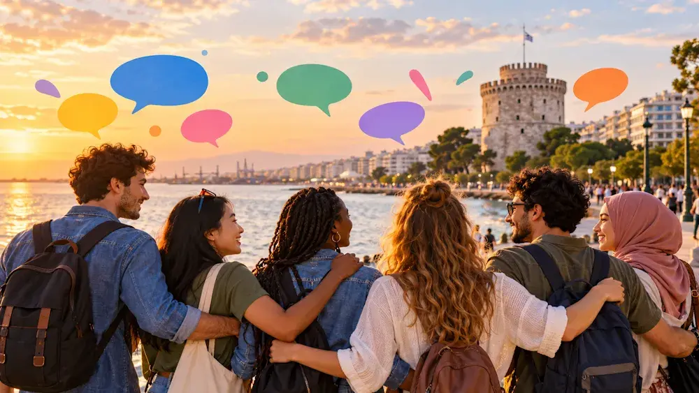 Πολυπολιτισμική ομάδα νέων ανθρώπων βρίσκεται μαζί στην παραλία της Θεσσαλονίκης, με φόντο τον Λευκό Πύργο και πολύχρωμα σύμβολα διαλόγου. Η εικόνα αποδίδει το μήνυμα «Languages Unite!» της Ευρωπαϊκής Ημέρας Γλωσσών 2026 και συμβολίζει την πολυγλωσσία, την πολιτισμική ποικιλομορφία, τον σεβασμό και την επικοινωνία μεταξύ ανθρώπων διαφορετικής προέλευσης
