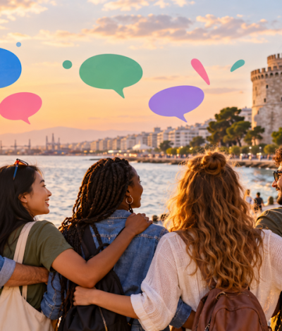 Πολυπολιτισμική ομάδα νέων ανθρώπων βρίσκεται μαζί στην παραλία της Θεσσαλονίκης, με φόντο τον Λευκό Πύργο και πολύχρωμα σύμβολα διαλόγου. Η εικόνα αποδίδει το μήνυμα «Languages Unite!» της Ευρωπαϊκής Ημέρας Γλωσσών 2026 και συμβολίζει την πολυγλωσσία, την πολιτισμική ποικιλομορφία, τον σεβασμό και την επικοινωνία μεταξύ ανθρώπων διαφορετικής προέλευσης